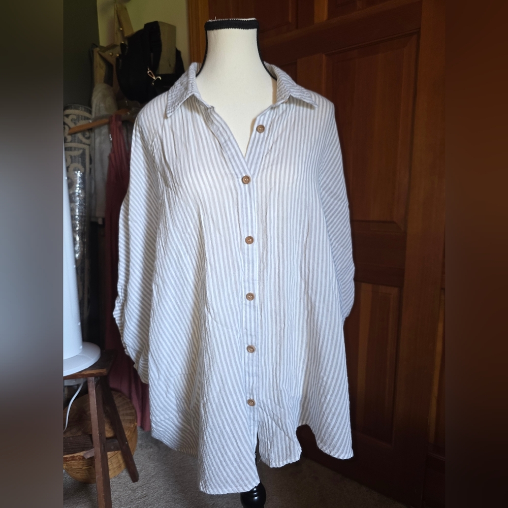 Panache Apparel Striped Smock Button-Up Shirt Size Large